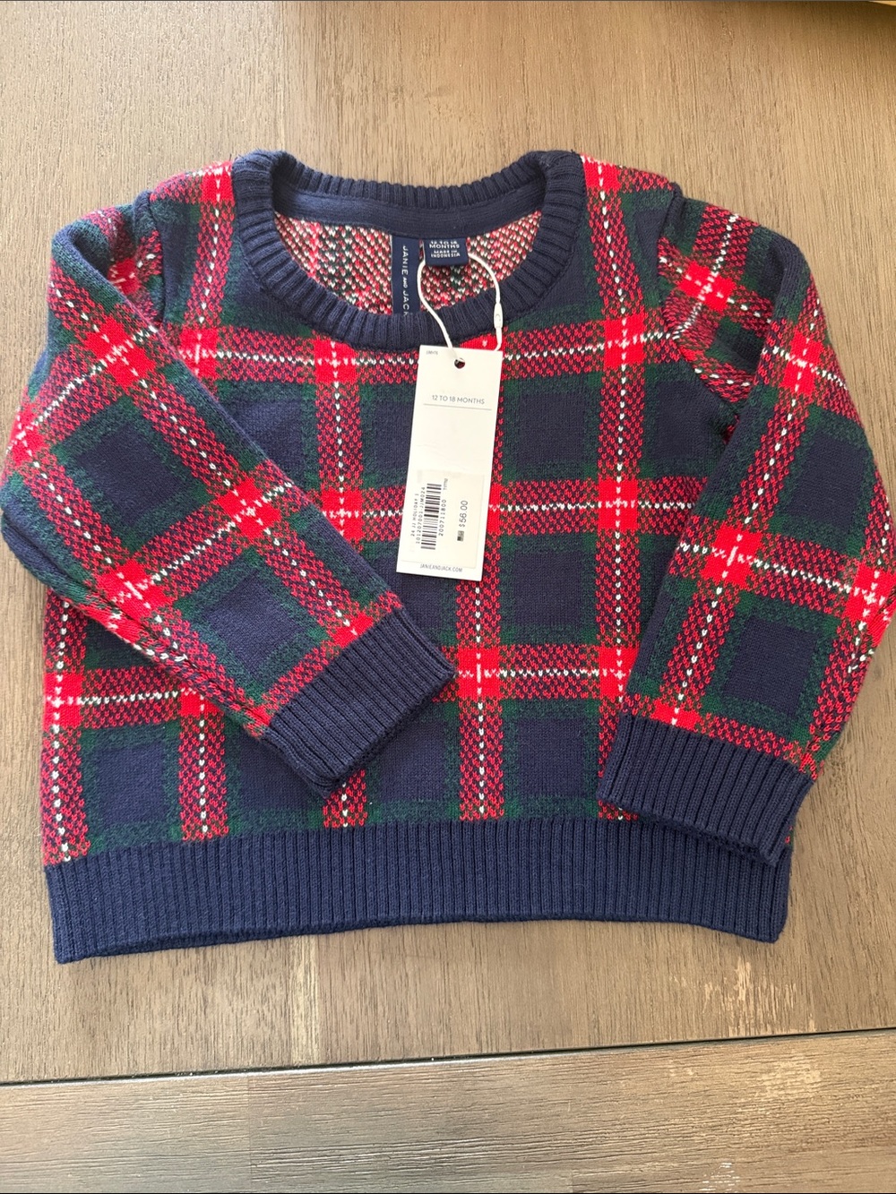 Janie & Jack Navy & Red Plaid Crewneck Sweater